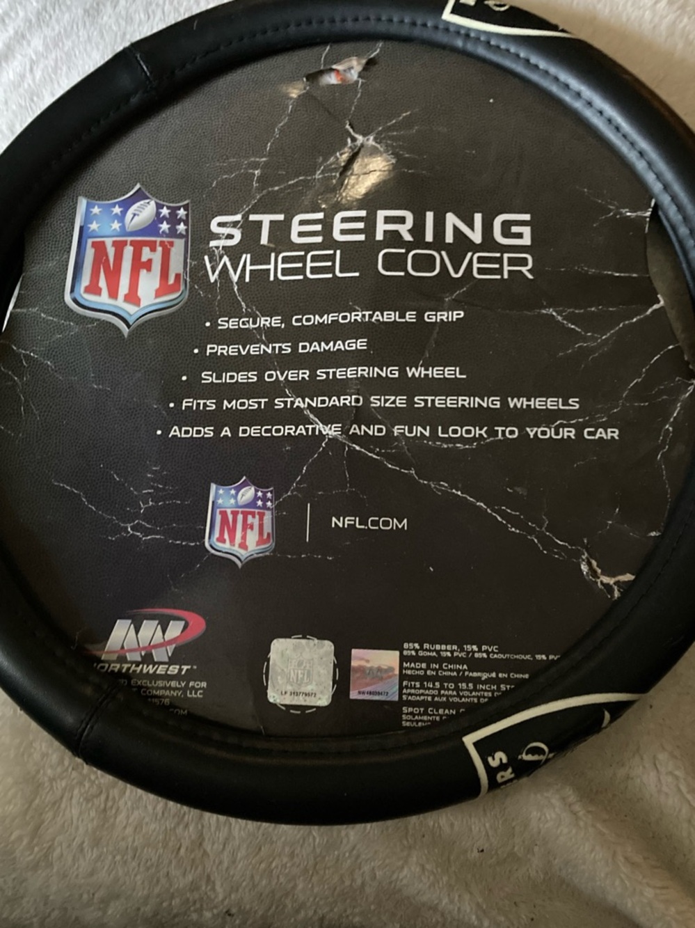 NFL Raiders Black Steering Wheel Cover with White Logo Trim